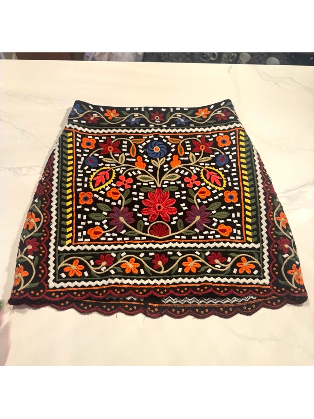 Zara Black Mini Skirt with Multicolor Floral Embroidery